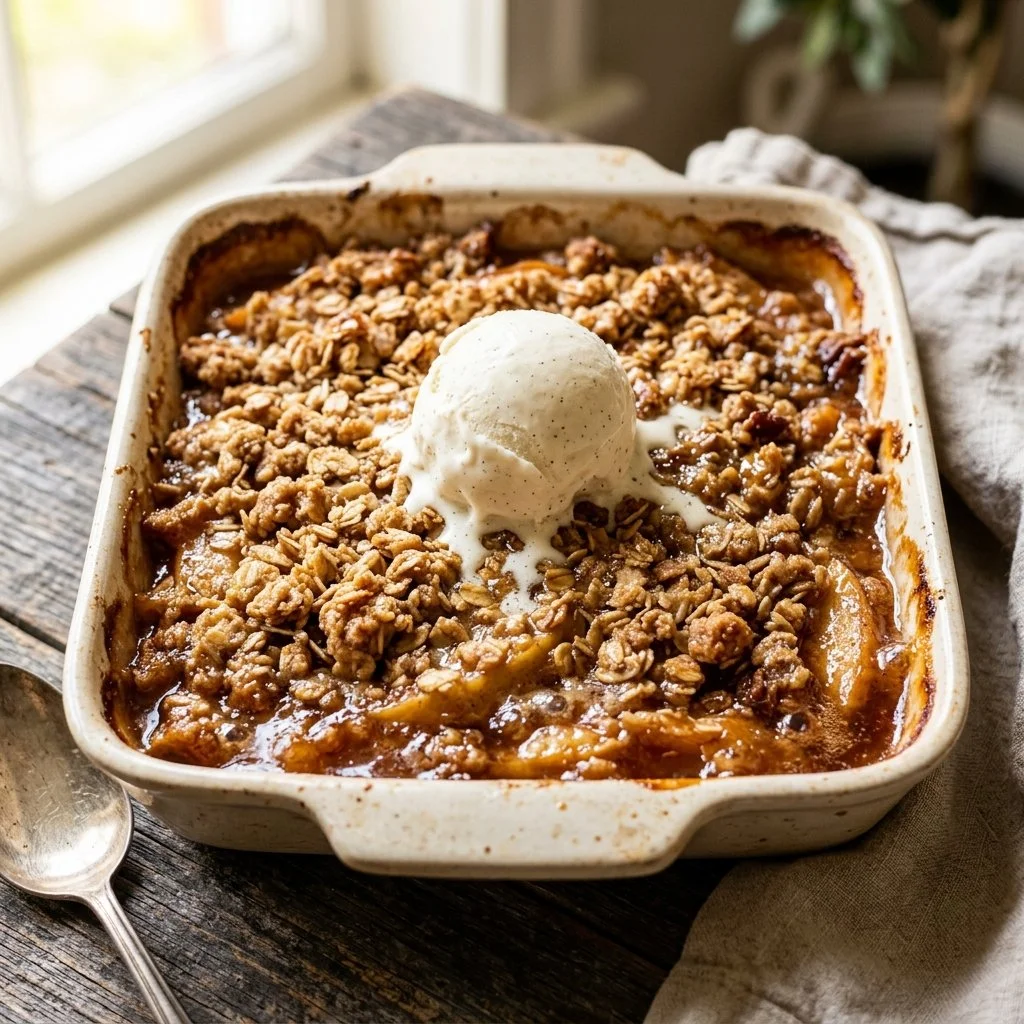 Delicious homemade Apple Crisp topped with a crunchy oat mixture