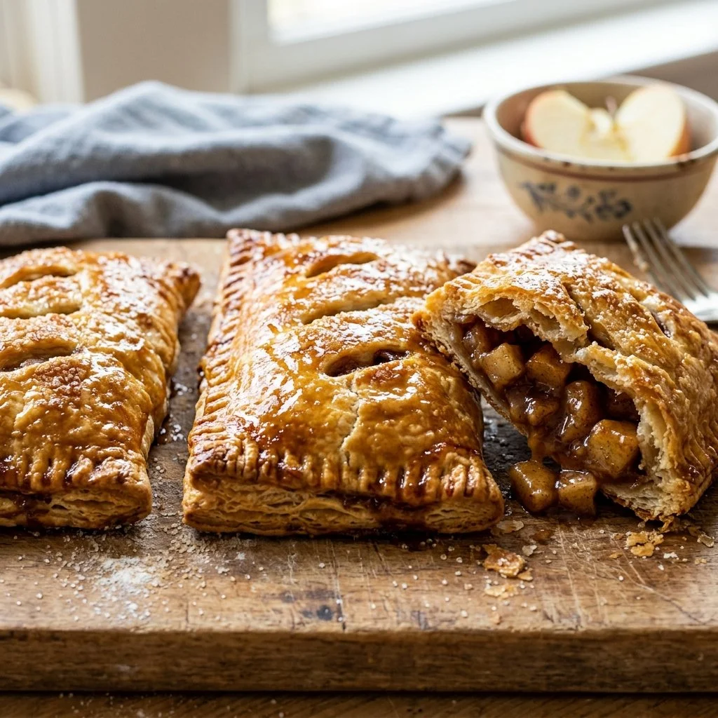 Freshly baked apple hand pies with golden crust and apple filling