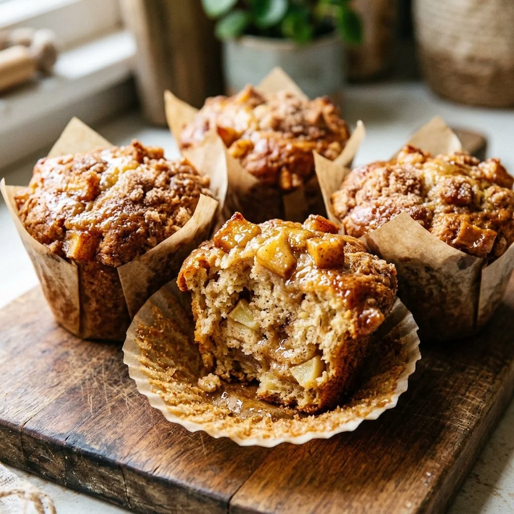 Image of freshly baked apple muffins with cinnamon and apple chunks.