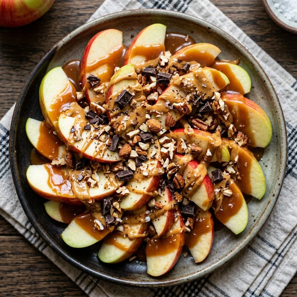 Delicious Apple Nachos topped with caramel, chocolate, and nuts.