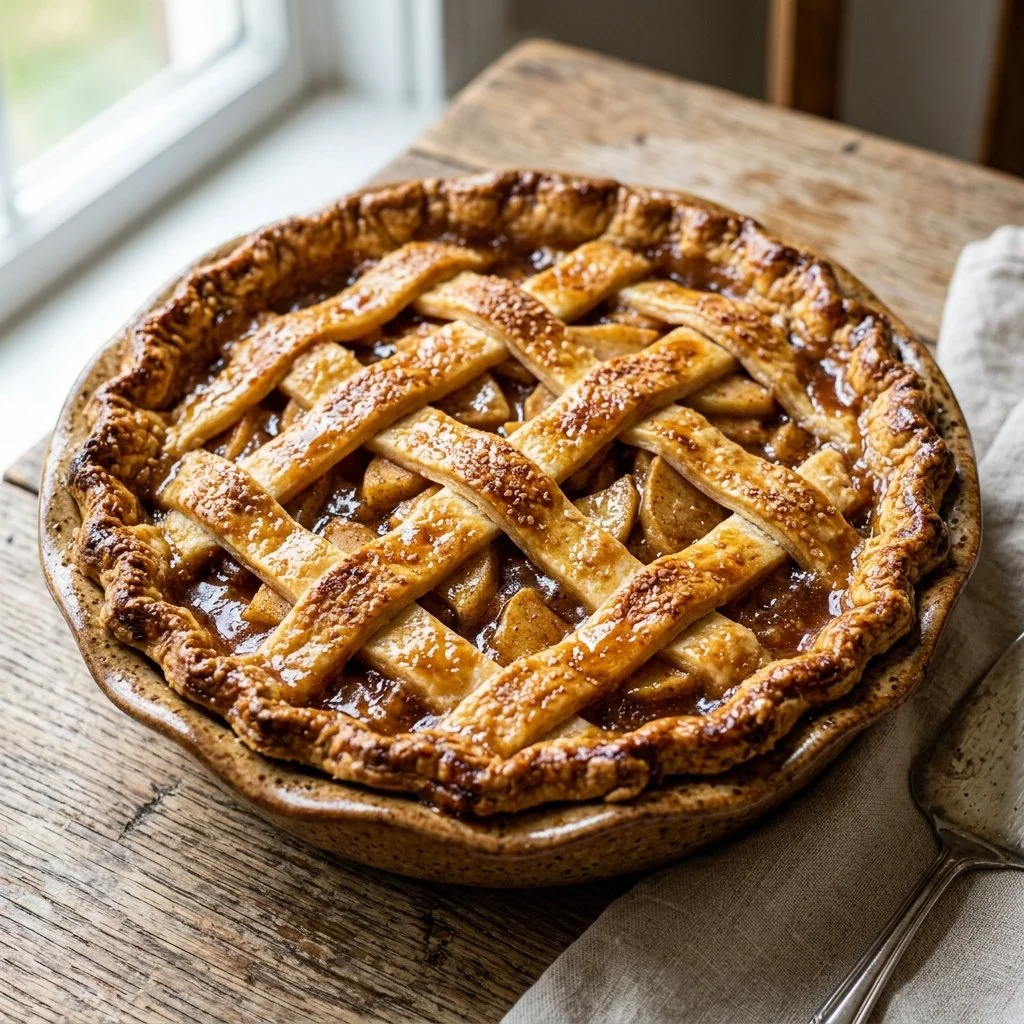 Delicious homemade apple pie with a golden flaky crust and fresh apple filling
