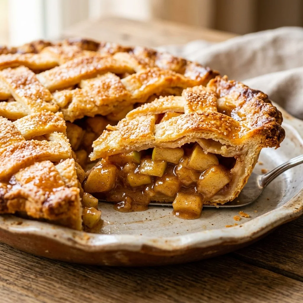 Delicious homemade apple pie with a golden crust and fresh apples