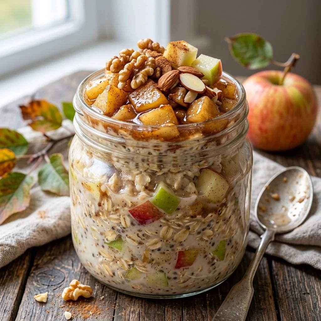 Apple Pie Overnight Oats topped with cinnamon and apple pieces in a bowl.