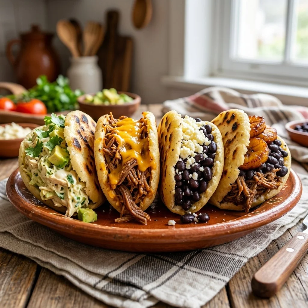 A plate of freshly made arepas with various toppings and fillings.