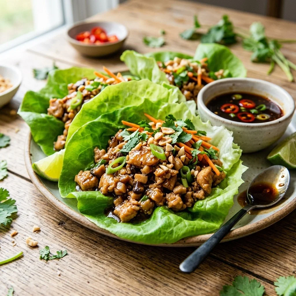 Delicious Asian chicken lettuce wraps served with fresh vegetables.