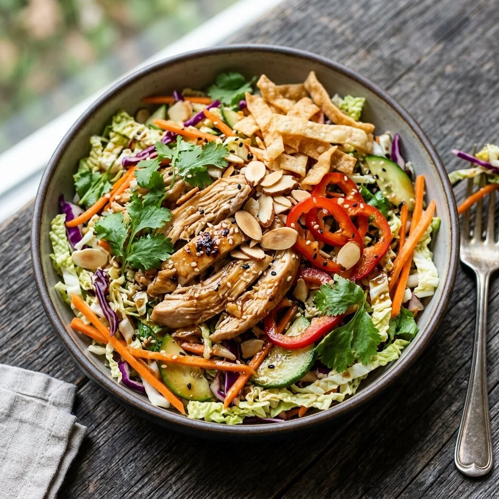 Delicious Asian Chicken Salad with colorful vegetables and sesame dressing