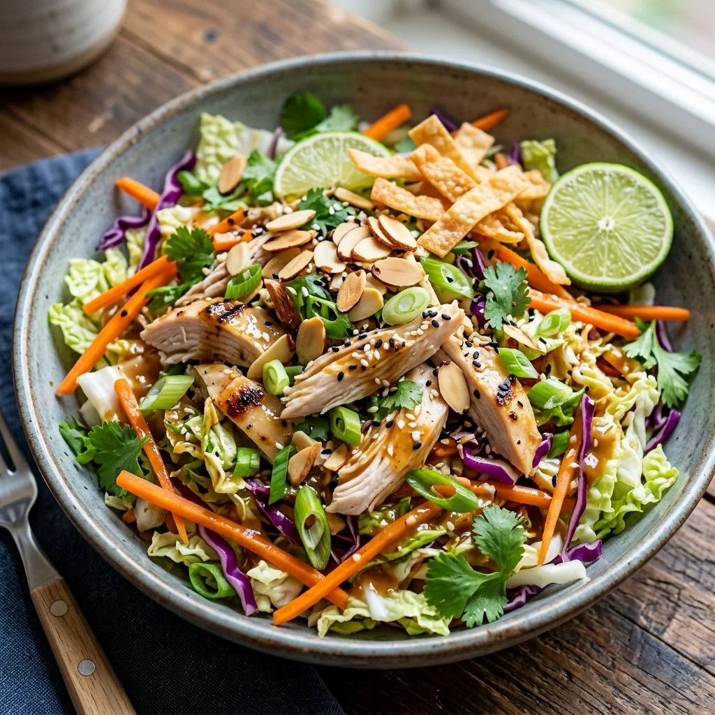 Bowl of vibrant Asian Chicken Salad with colorful veggies and tender chicken