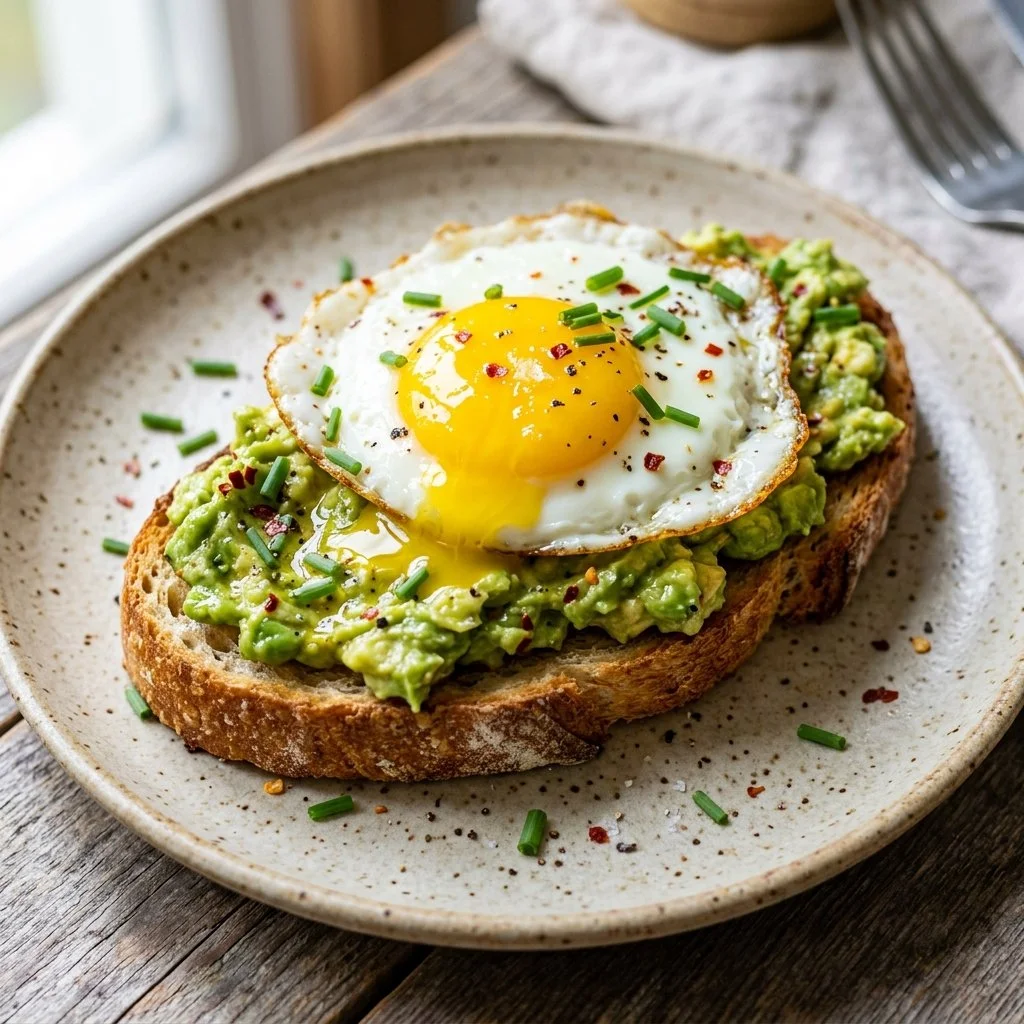 A delicious plate of avocado toast with egg on a rustic table.