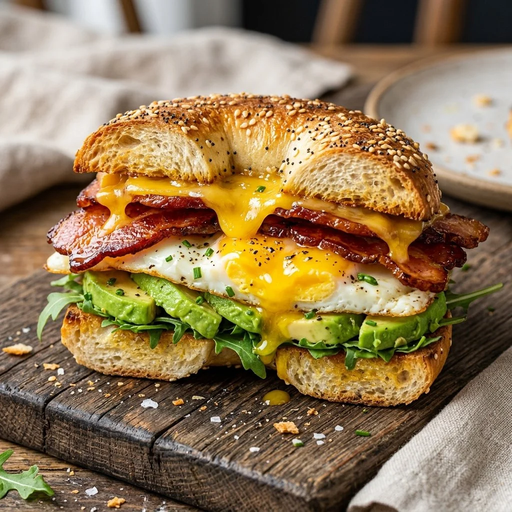 Delicious bagel breakfast sandwich with eggs and toppings