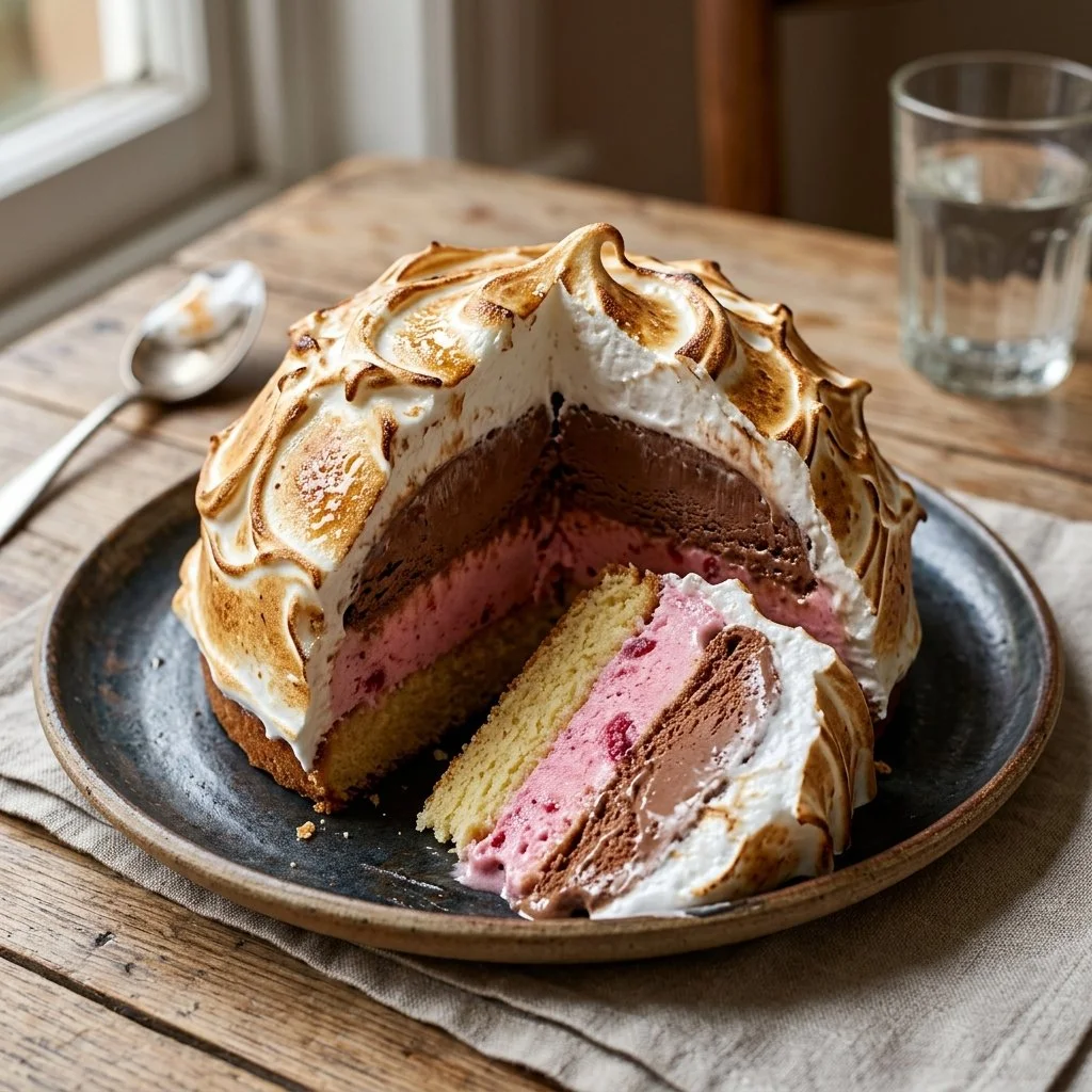Delicious Baked Alaska dessert with ice cream and meringue on a plate