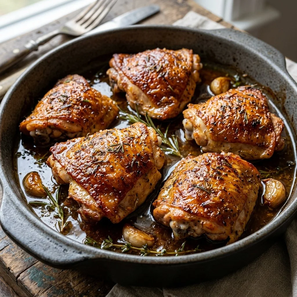 Juicy and flavorful baked chicken thighs ready to serve
