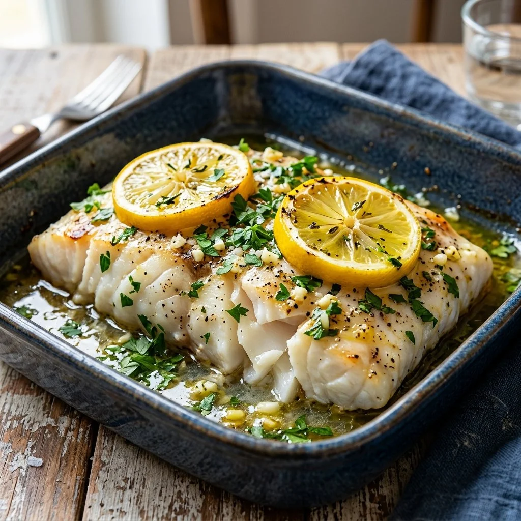 Baked cod fillet drizzled with lemon juice and herbs on a plate.