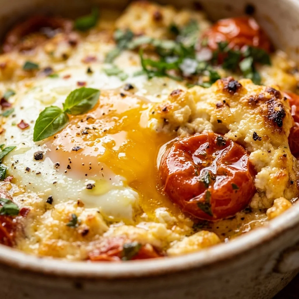 Baked feta eggs served in a dish, topped with herbs and spices.