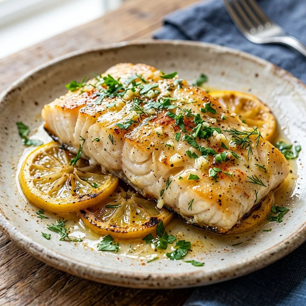 Baked Lemon Cod served with fresh herbs and lemon slices