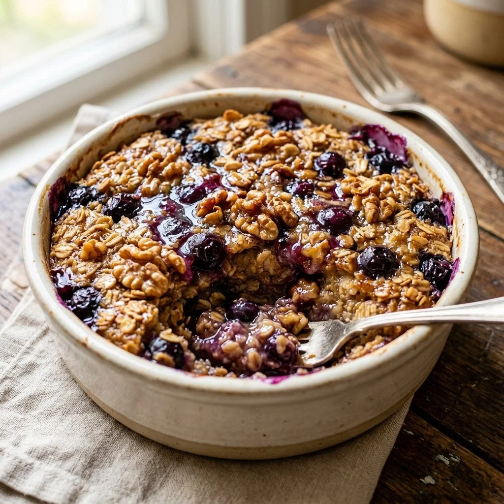 Baked oatmeal topped with fruits and nuts in a baking dish