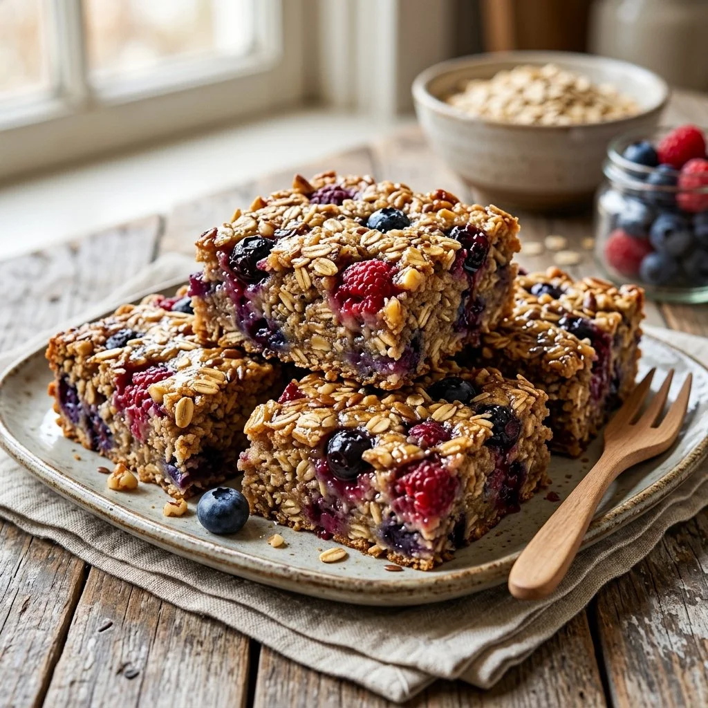 Baked oatmeal bars with fruits and nuts on a wooden table