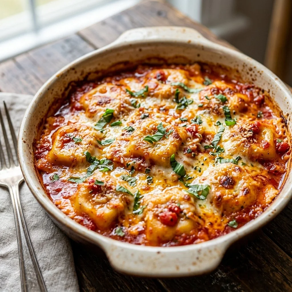 An enticing dish of homemade baked ravioli topped with cheese and herbs
