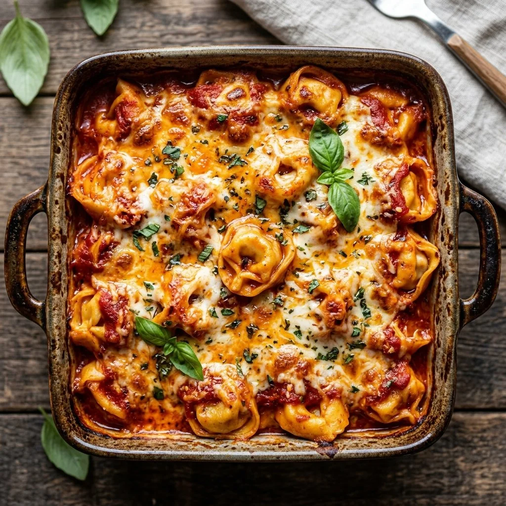 Baked tortellini dish topped with melted cheese and herbs