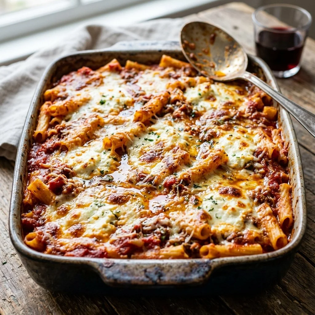 Delicious baked ziti topped with melted cheese and fresh herbs