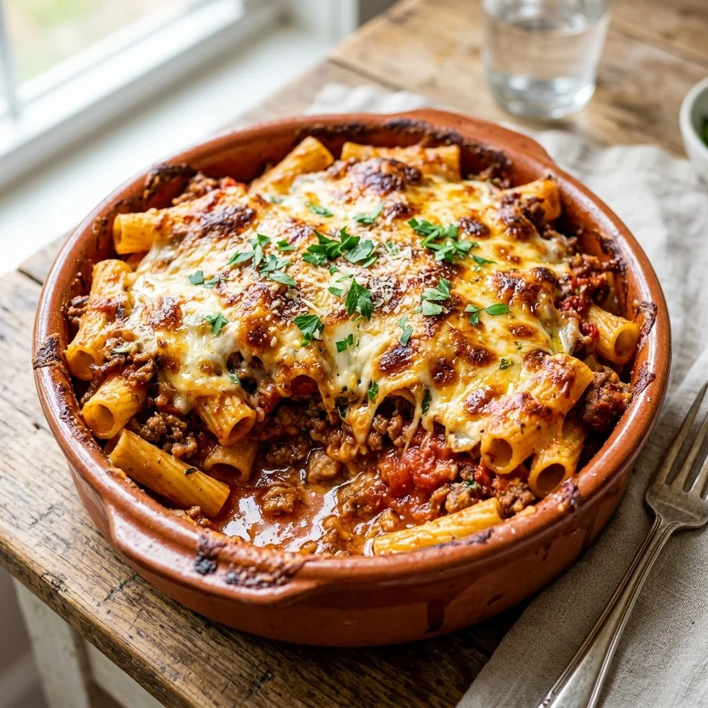Delicious Baked Ziti with Meat topped with melted cheese and fresh herbs