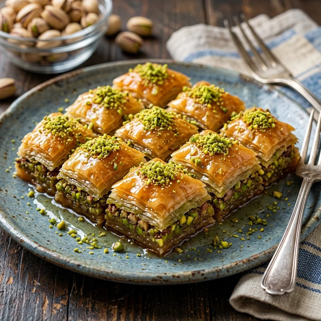 Delicious homemade baklava topped with powdered sugar and nuts