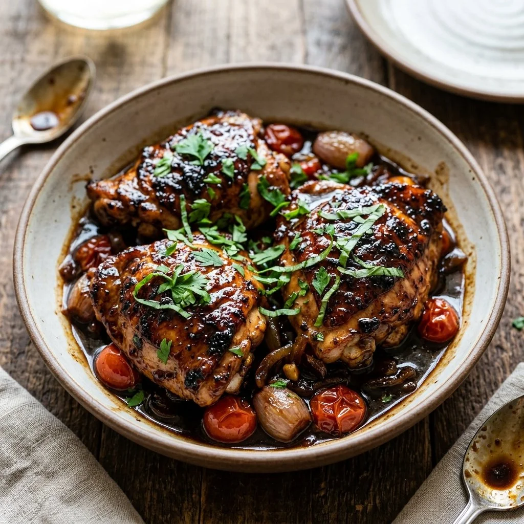 Plate of balsamic glazed chicken garnished with herbs