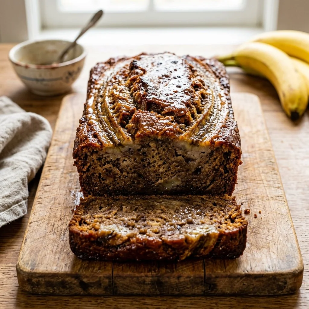 Delicious homemade banana bread sliced on a wooden table