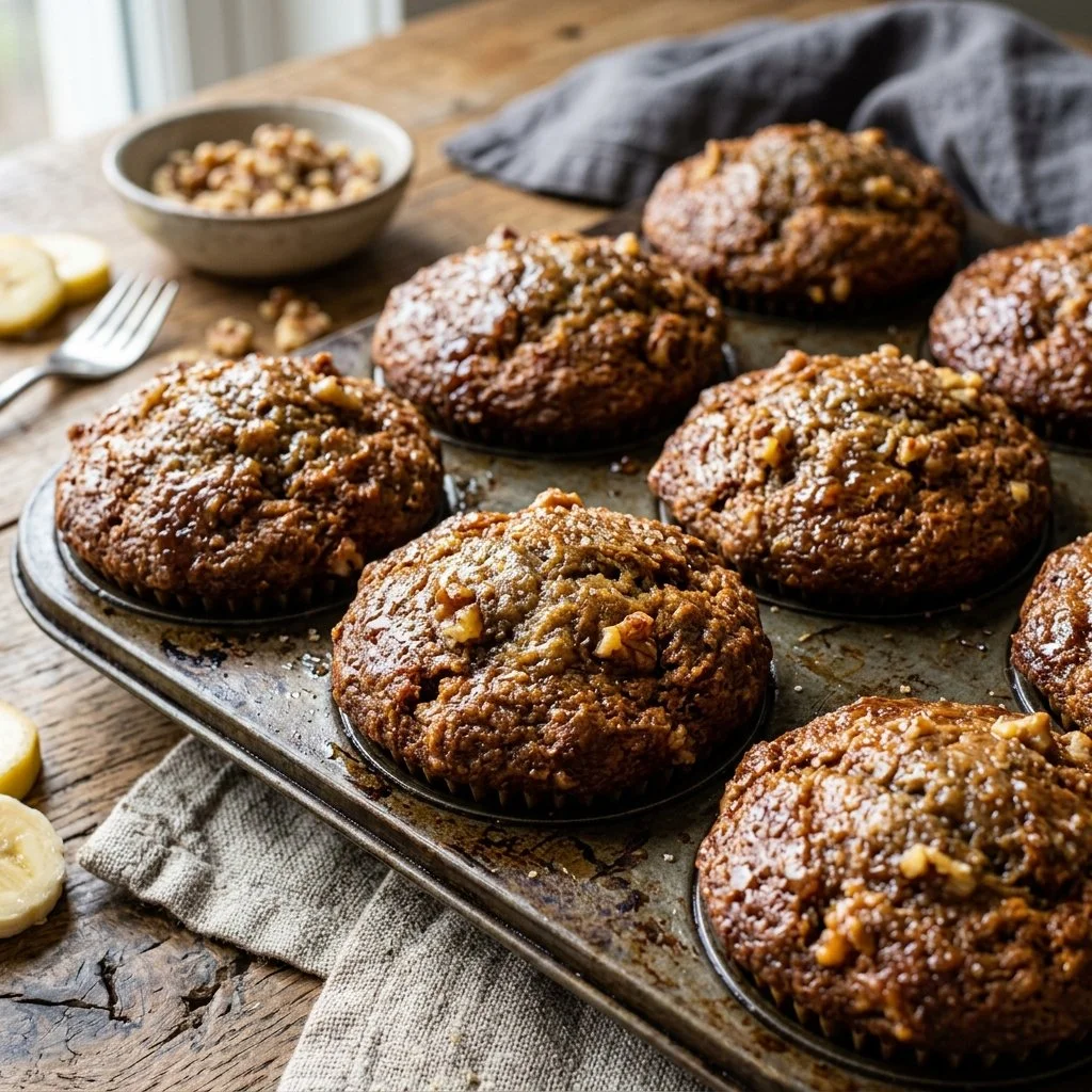 Freshly baked Banana Bread Muffins on a cooling rack.