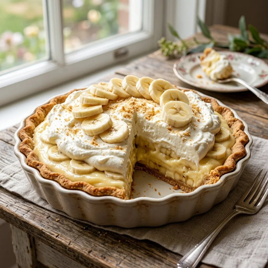 Delicious homemade Banana Cream Pie with fresh bananas and whipped cream