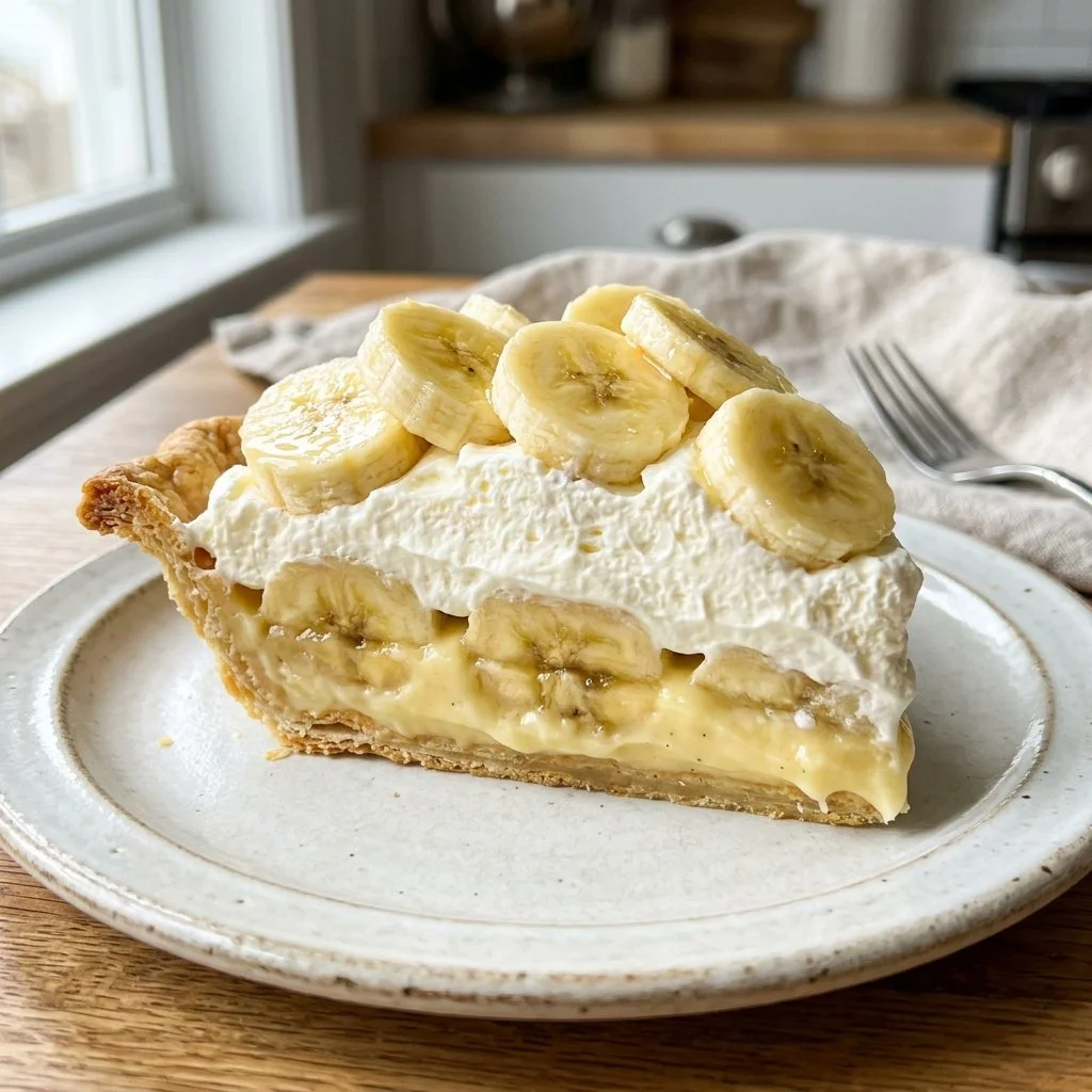 Delicious slice of homemade Banana Cream Pie topped with whipped cream and bananas