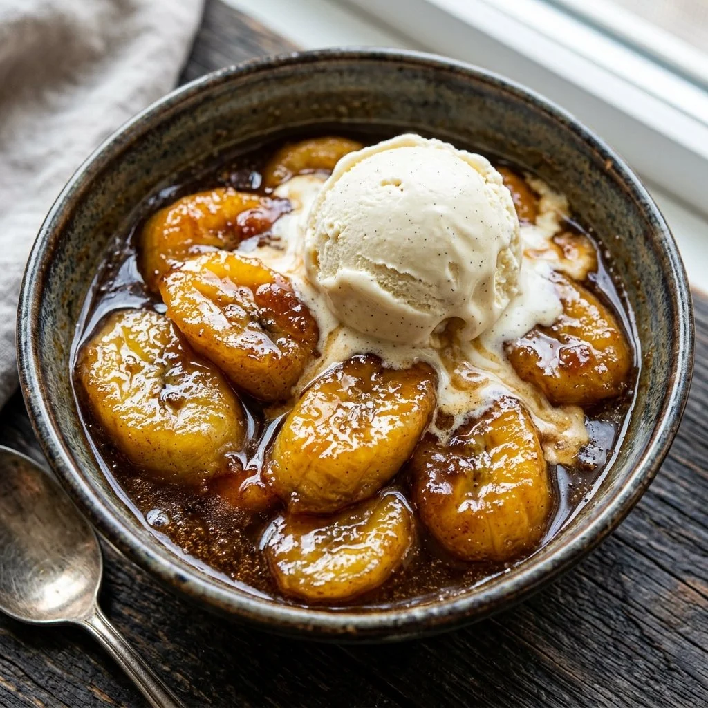 Delicious Banana Foster dessert with caramelized bananas and ice cream.