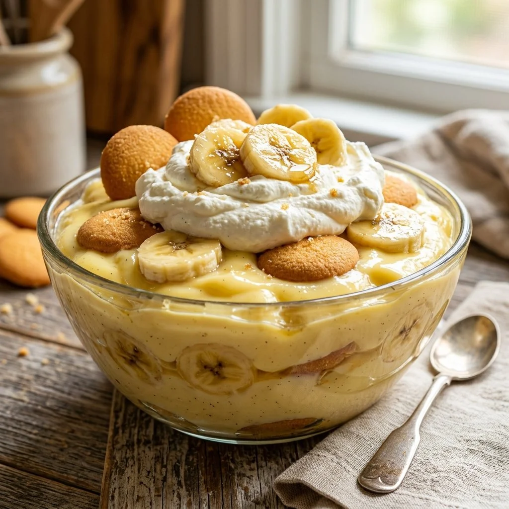 Delicious homemade banana pudding with layers of bananas and creamy custard.