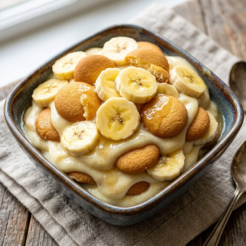 Delicious bowl of homemade banana pudding with layers of bananas and cream