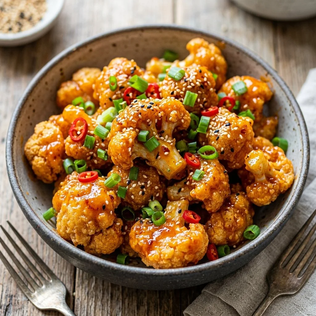Delicious plate of Bang Bang Cauliflower garnished with herbs and spicy sauce