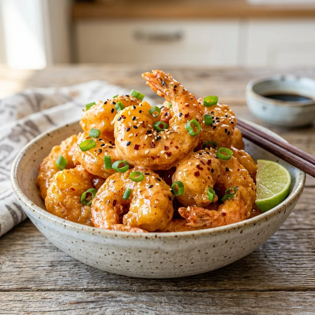 Plate of crispy Bang Bang Shrimp garnished with green onions and sauce.