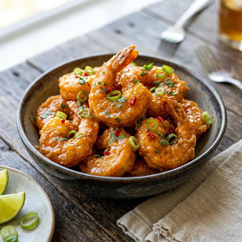 Crispy Bang Bang Shrimp drizzled with spicy mayo sauce on a plate