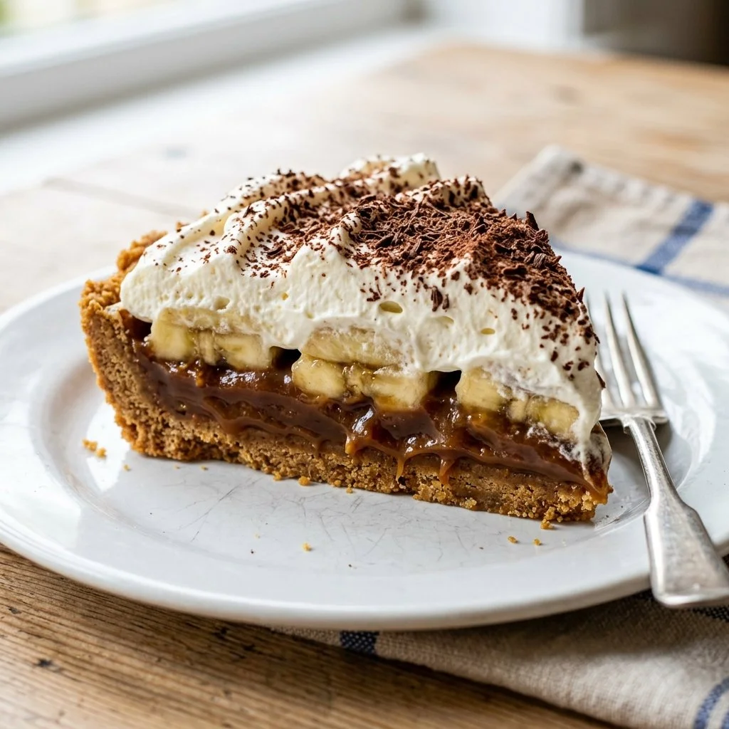 Delicious Banoffee Pie with bananas, cream, and toffee in a buttery crust