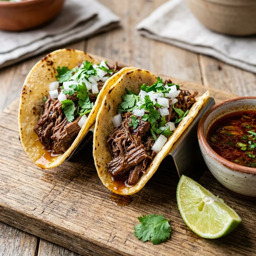 Delicious barbacoa tacos served with fresh toppings and salsa