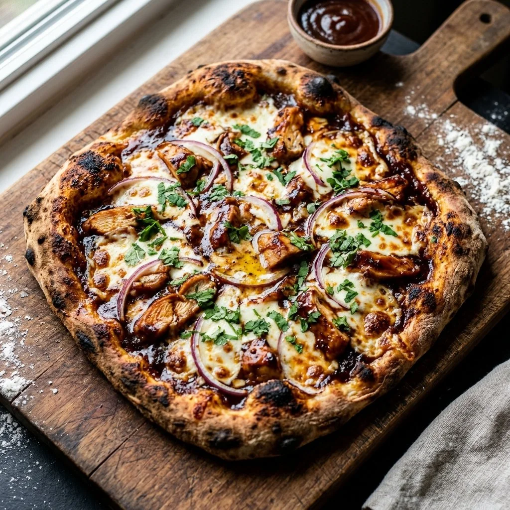 BBQ Chicken Pizza with smoky sauce, chicken, and fresh toppings