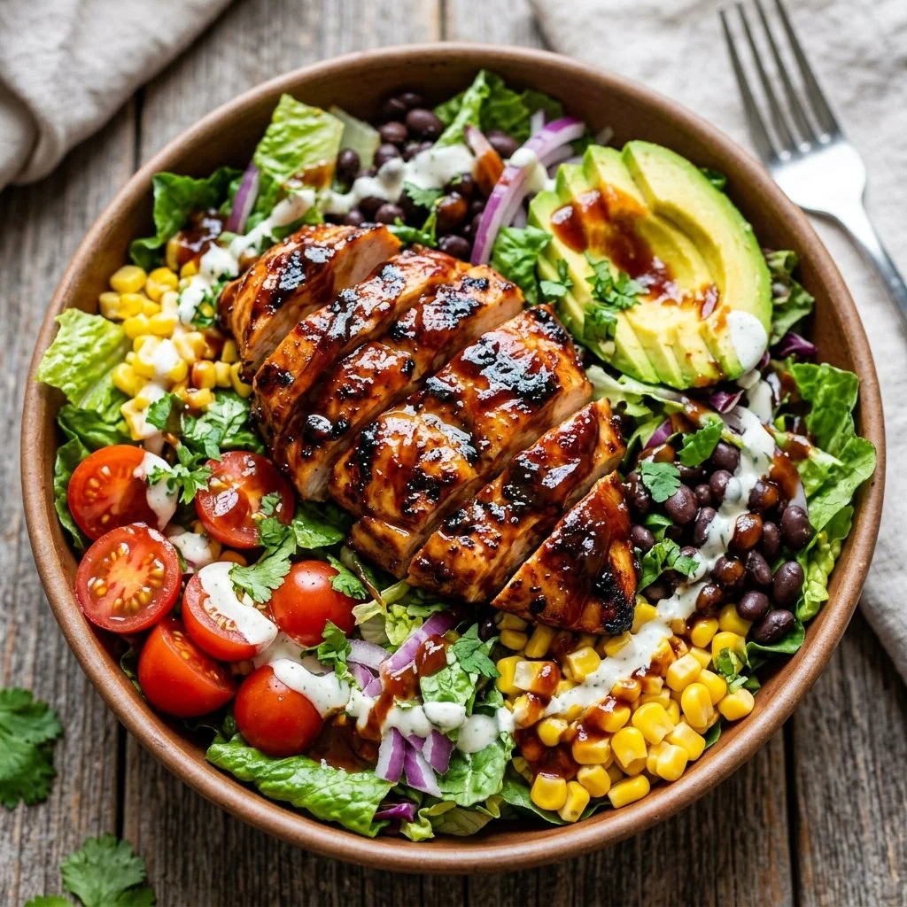 Delicious BBQ Chicken Salad with grilled chicken, veggies, and BBQ sauce.