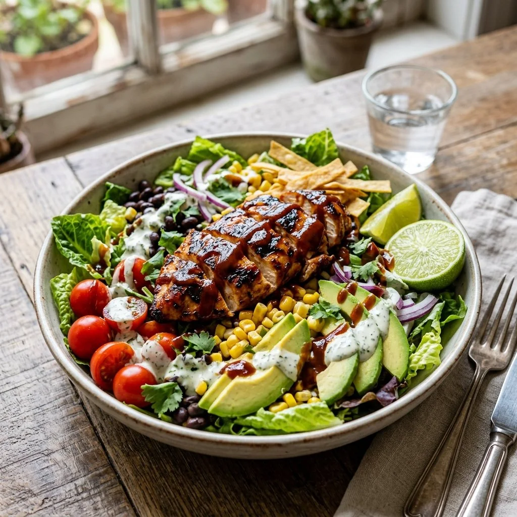 Delicious and colorful BBQ Chicken Salad served in a bowl with fresh ingredients.