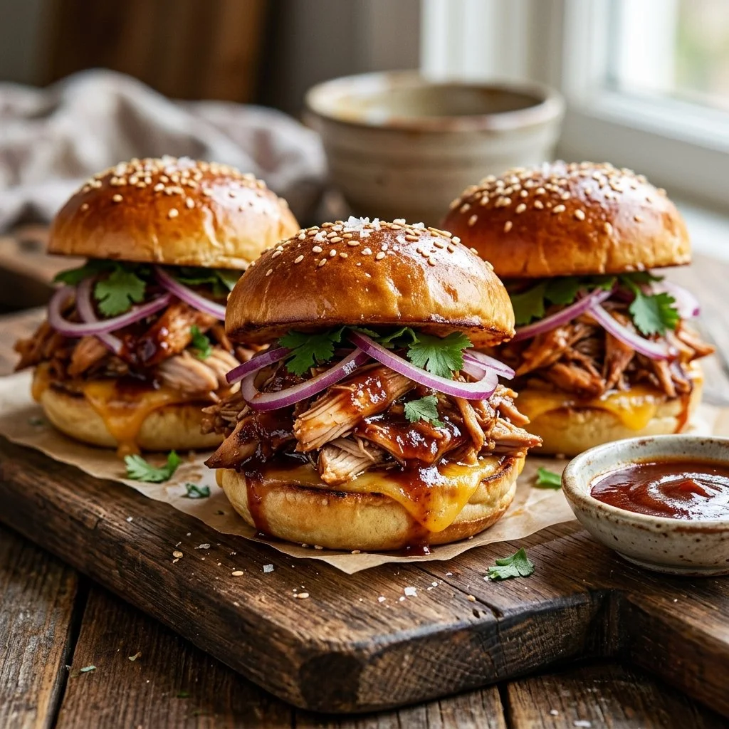 BBQ chicken sliders served on a wooden platter with toppings