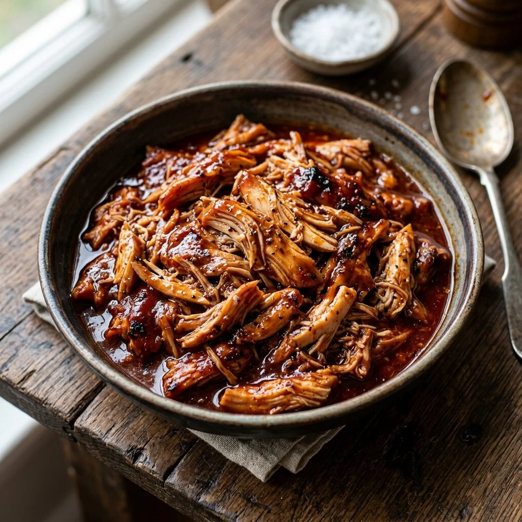 Delicious BBQ pulled chicken served on a platter with sides