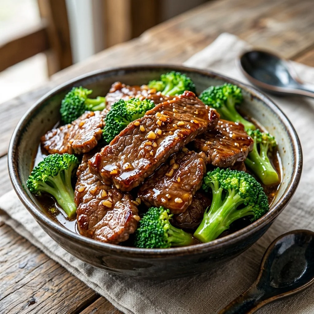 Plate of beef and broccoli stir-fry with vibrant vegetables