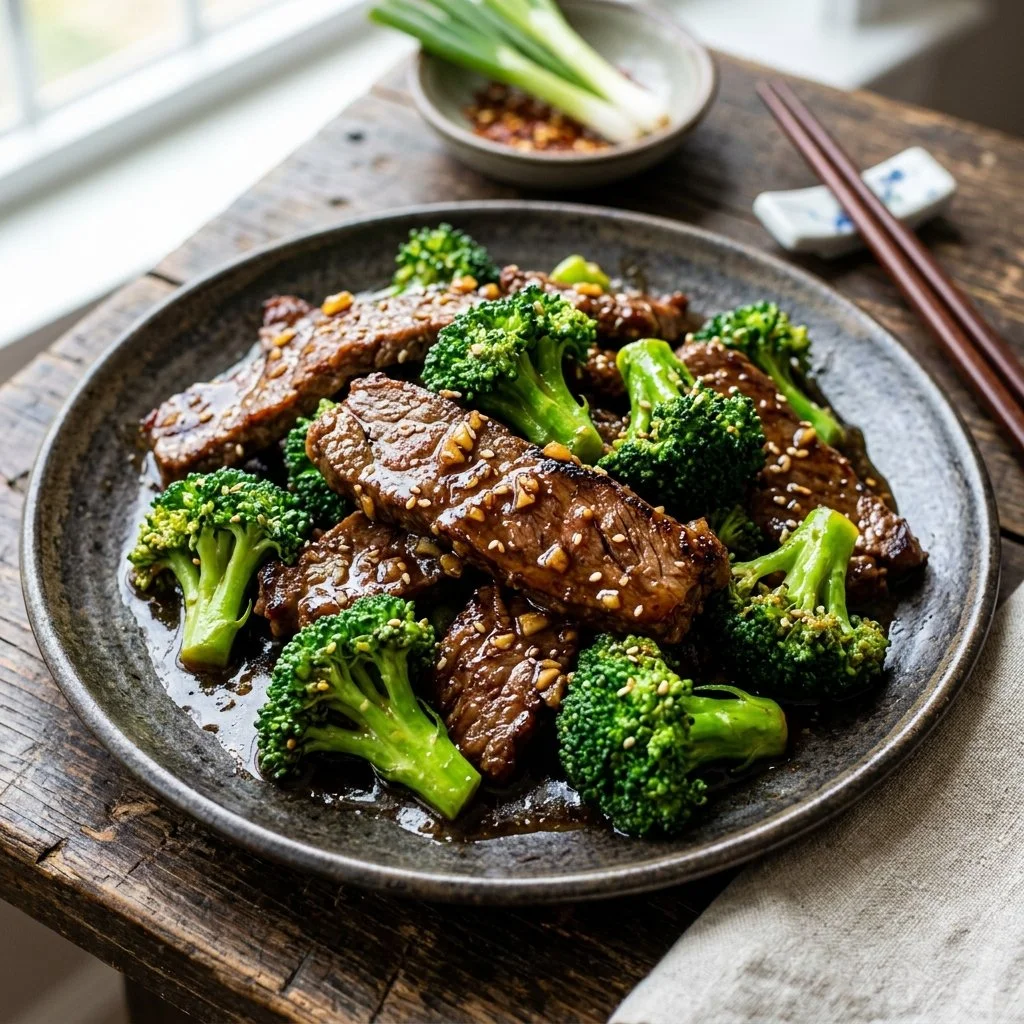 Delicious Beef and Broccoli stir-fry served on a plate with fresh vegetables.