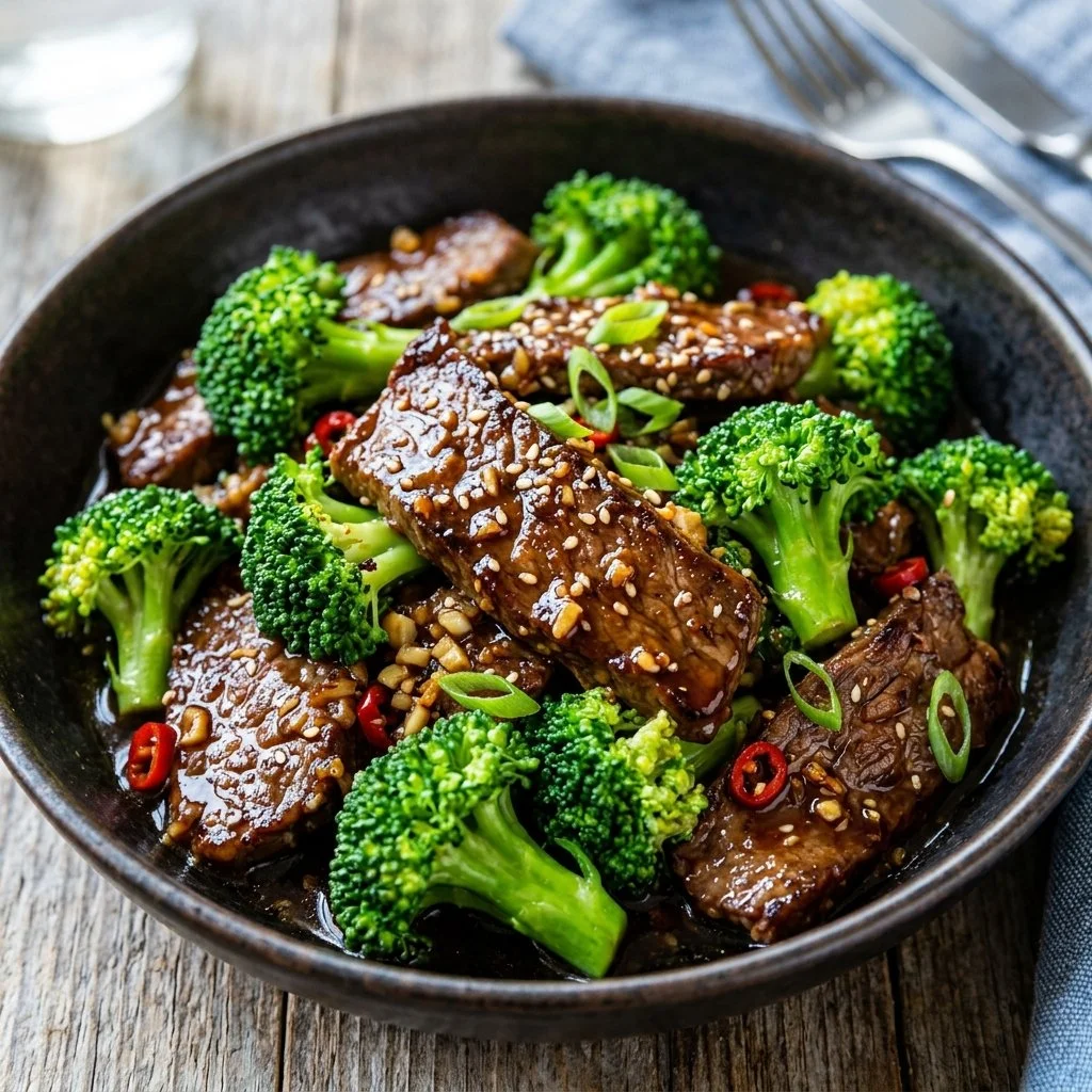 Beef and Broccoli Stir Fry served in a bowl with vibrant vegetables.