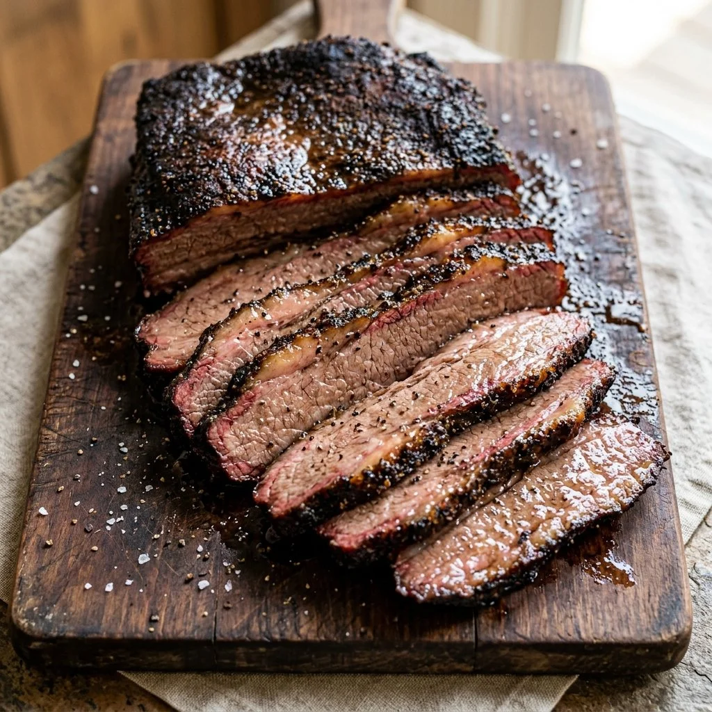 Deliciously cooked beef brisket with spices and herbs served on a rustic plate.
