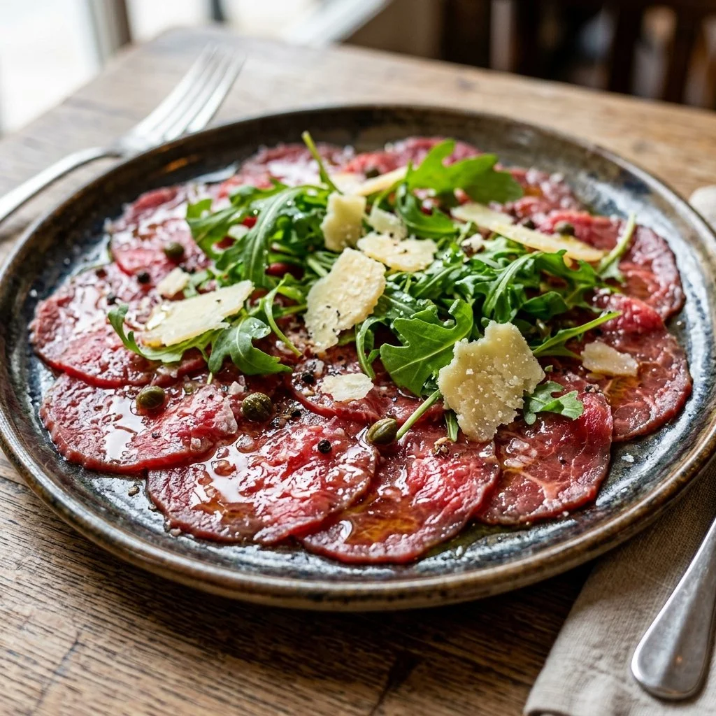 Plate of Beef Carpaccio garnished with arugula and Parmesan cheese