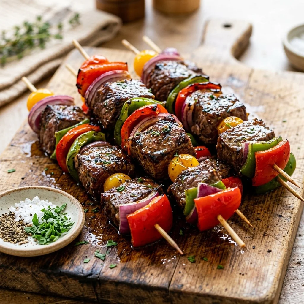 Grilled beef kabobs served with colorful bell peppers and onions