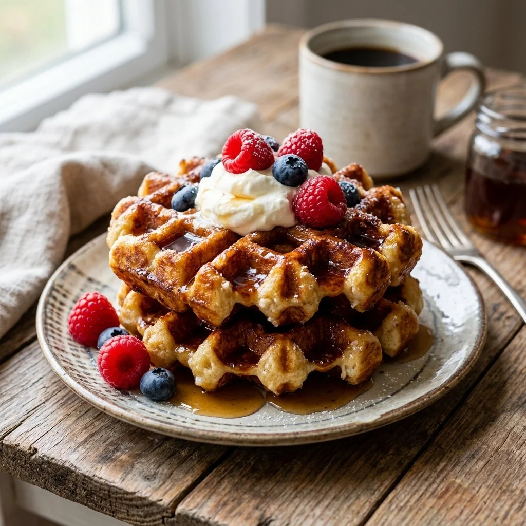 Golden brown Belgian waffles topped with fresh fruits and whipped cream